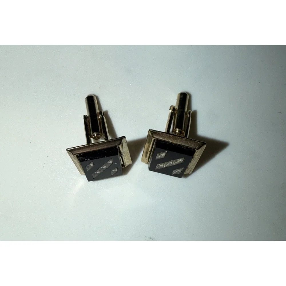 Vintage Black Cufflinks Glass Rectangle‎ Cuff Links Rhinestone Inlay Gold Tone